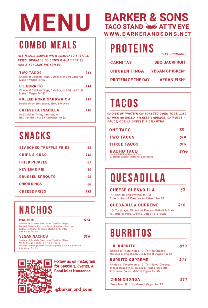 Barker and Sons Food Menu