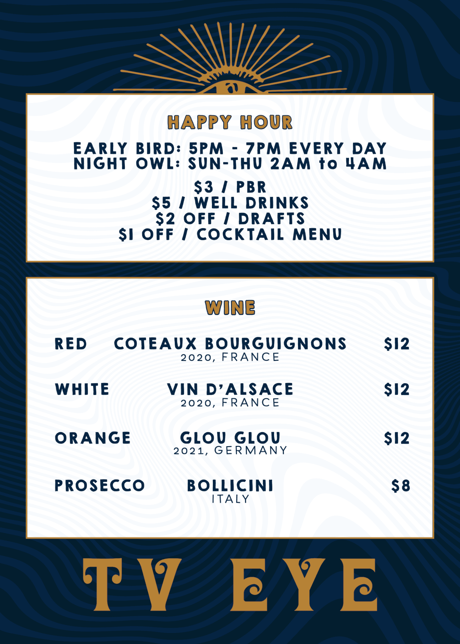 happy hour menu, wine menu